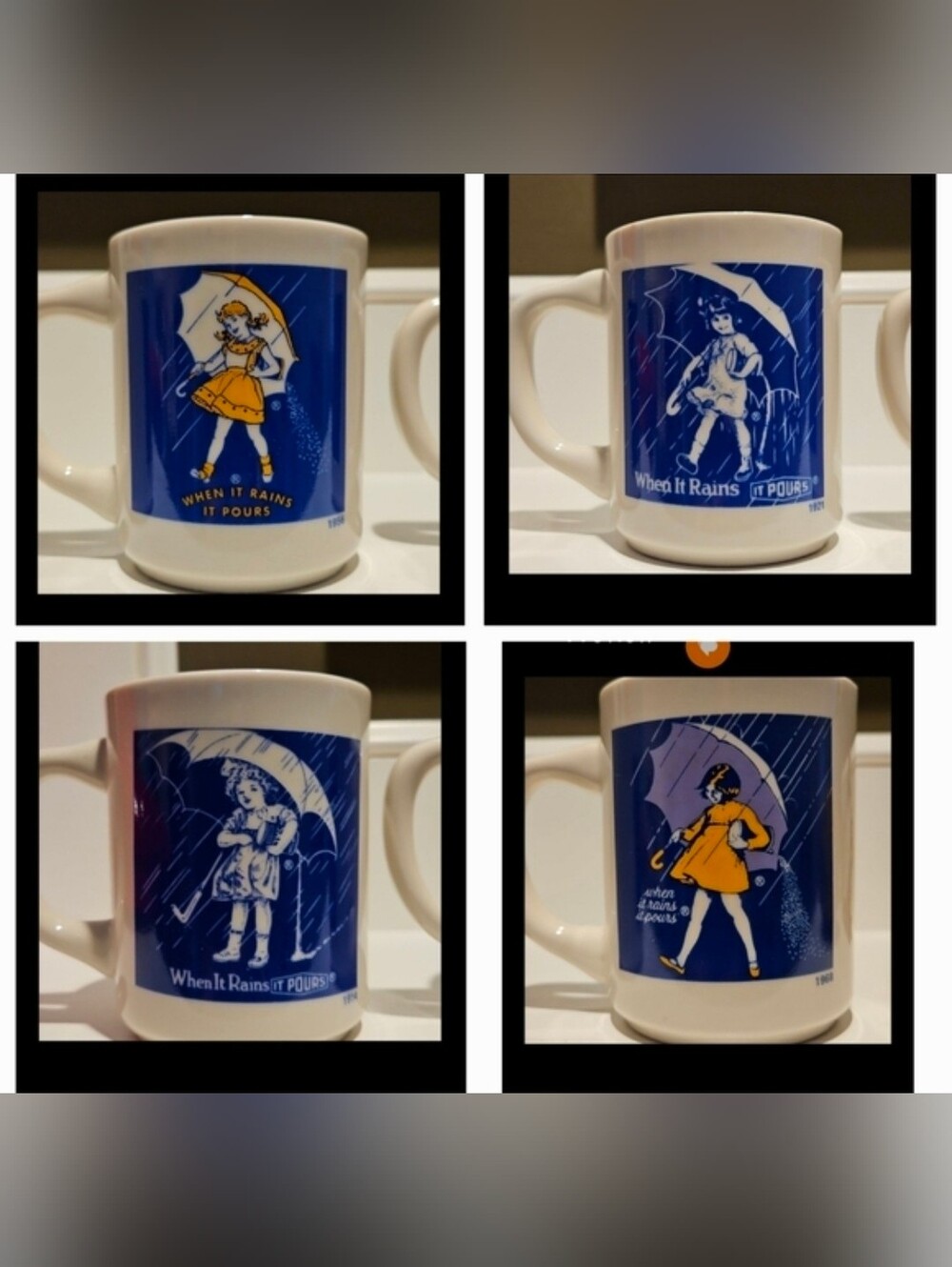 Morton Salt Advertising Coffee Cup Mug Set "When it Rains it Pours" Vintage NIB!